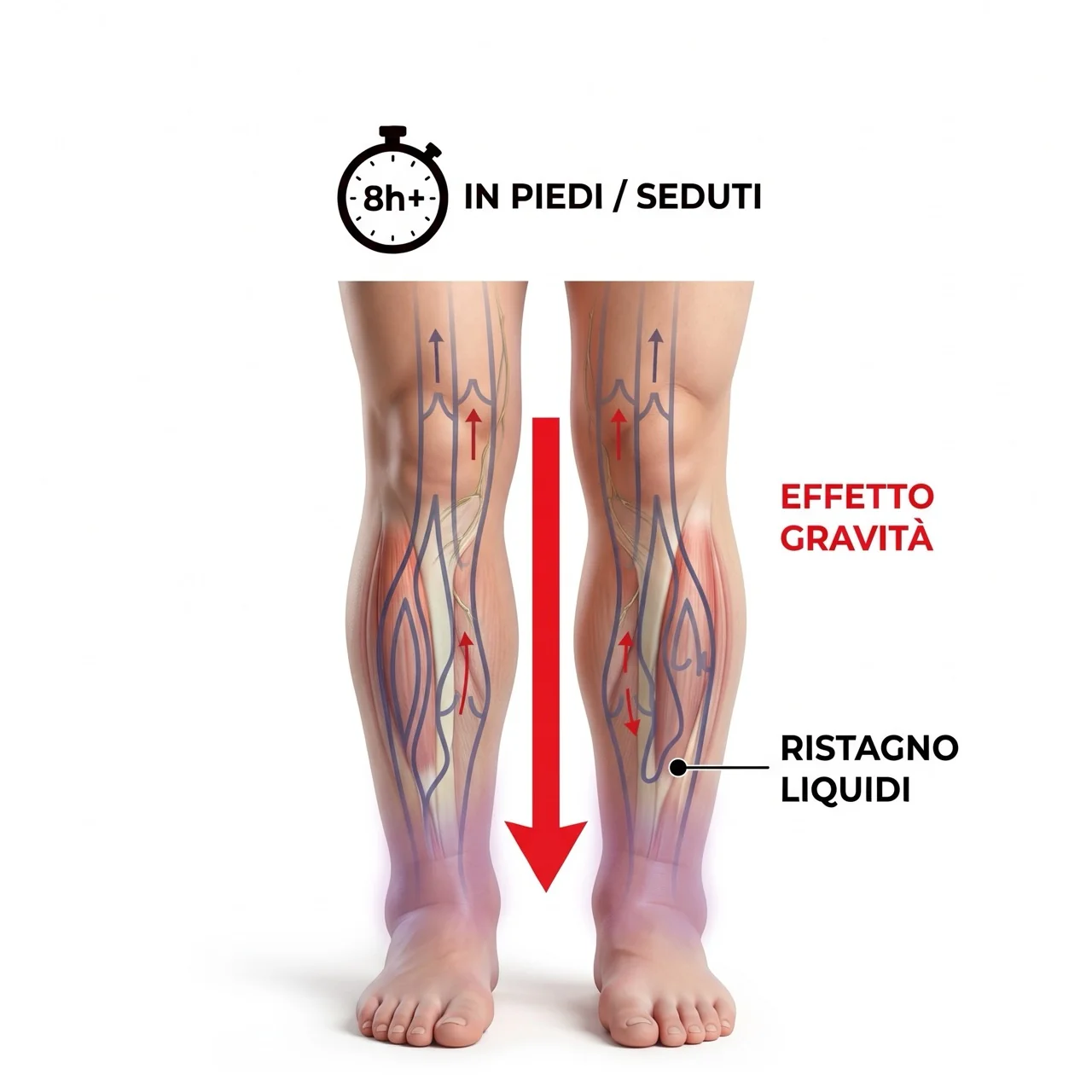 Gambe dopo 8 ore in piedi o seduti: la gravità spinge i liquidi verso il basso e ristagnano alle caviglie