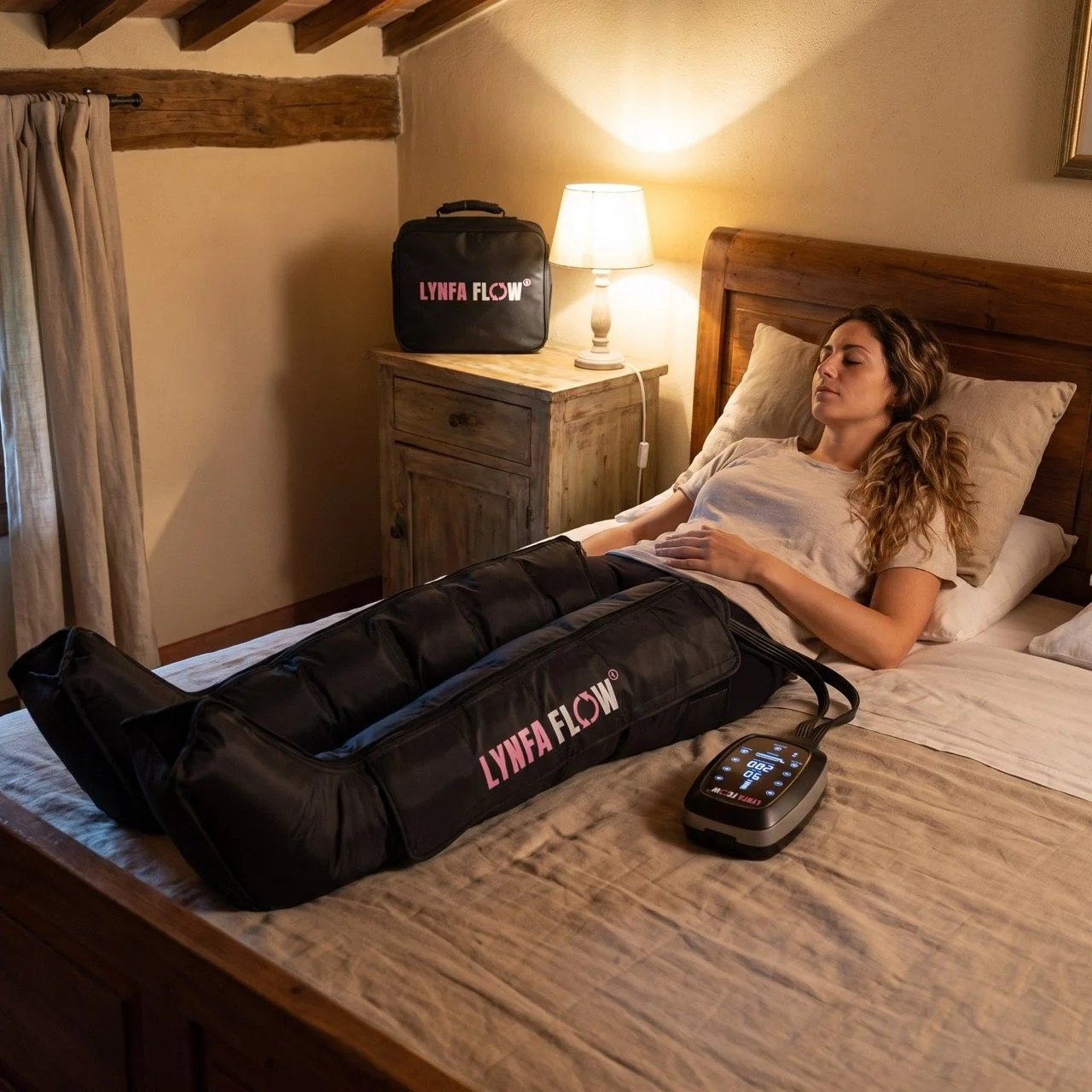 Ragazza distesa a letto con i gambali LynfaFlow, il telecomando sul letto e la borsa LynfaFlow sul comodino